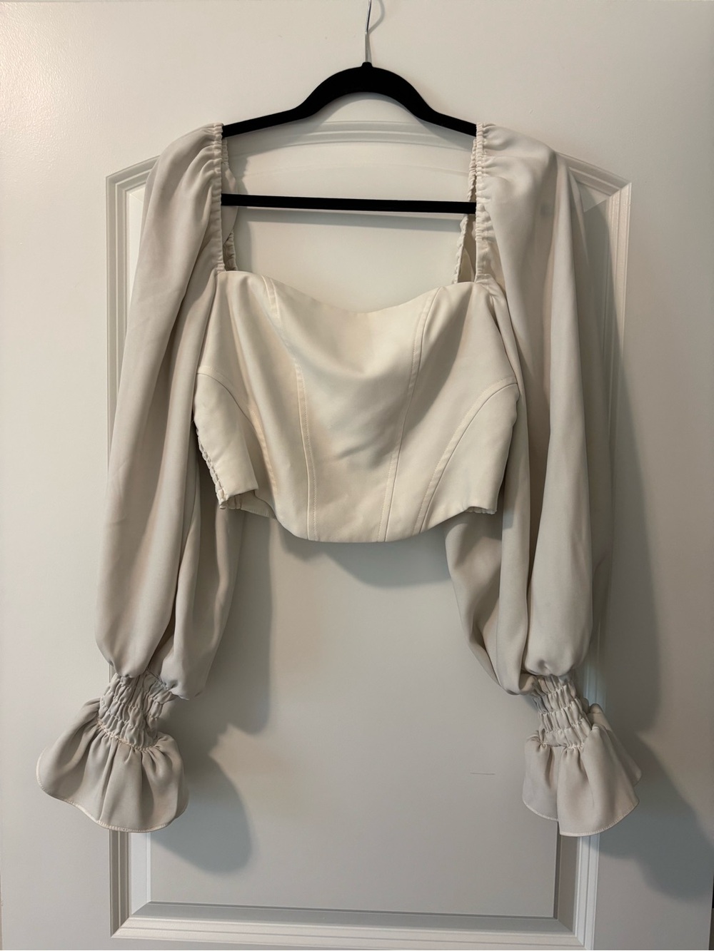 Amanda Uprichard Cream Puff-Sleeve Corset Crop Top